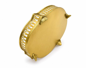 Luxury Gold Brass <b>Round</b> Decorative <b>Tray</b> with Intricate Floral Engraving Ornate Openwork Border Raised Feet and Elegant - Product Image 6