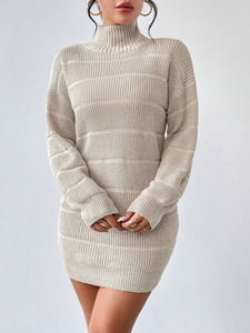 Women's Turtleneck Knitted Sweater <b>Dress</b> Solid Color <b>Long</b> Sleeve Bodycon Midi Woolen <b>Dress</b> - Product Image 2