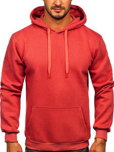 Men's Red Hooded Sweatshirt Regular Fit Solid Color Casual Fleece Hoodie with Front Pocket Knitted Cotton Autumn Wear - Product Image 5