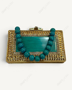 Natural Malachite-Look Stone <b>Clutch</b> | Handmade Gold Minaudiere | Luxury Bridal <b>Wedding</b> Evening <b>Bag</b> <b>for</b> Women <b>Green</b> Designer <b>bag</b> - Product Image 2