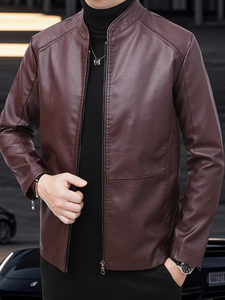TRIBON SPORTS <b>Men's</b> Brown Cowhide <b>Leather</b> Bomber <b>Jacket</b> Stand Collar Zipper Closure Slim Fit Regular Sleeve Solid Color - Product Image 3