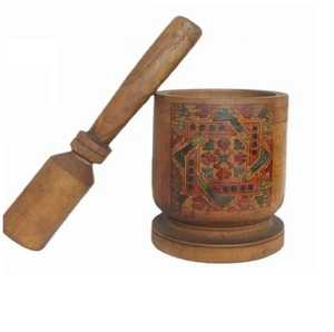 Skies Trader Ensemble mortier et pilon en bois à motif lignes horizontales, broyeur manuel d'épices et d'herbes, presse-ail, bol de broyage - Product Image 3