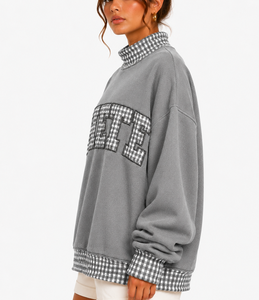 Sweat-shirt à col montant pour femme THETE, coupe ample, en tissu épais, patchwork à carreaux, style décontracté, pull universitaire - Product Image 3