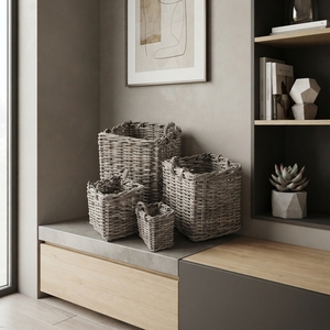 Handcrafted Kubo rattan square planter <b>basket</b> plastic liner woven grey wicker storage bin indoor outdoor <b>plant</b> pot home decor - Product Image 2