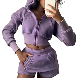 Conjunto Deportivo de 2 Piezas para Mujer, Sudadera Corta con Capucha y Cremallera, Pantalones Cortos, Color Sólido, Transpirable, Corte Regular, Otoño - Product Image 1