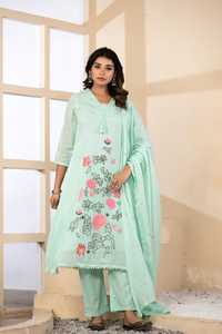 Premium <b>Mint</b> Green Mul Cotton A Line Embroidered Suit Set for Women with Pant Dupatta Ethnic Wear - Product Image 4