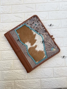 Western Designer Hand Tooled Zipper Lock Business Portfolio Binder Manufacture Cowhide leather <b>Document</b> <b>Folder</b> With Card Holder - Product Image 4
