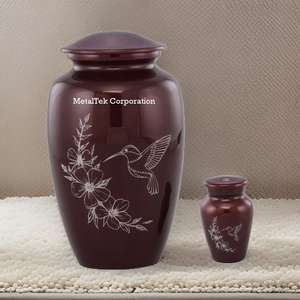 Urnes funéraires artisanales en aluminium bordeaux, gravure élégante d'oiseau colibri, urnes commémoratives durables, pots funéraires décoratifs en métal. - Product Image 6