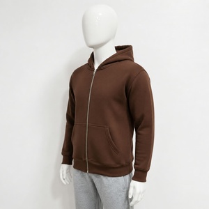 Sweat-shirt unisexe à capuche marron uni, fermeture éclair, en polaire polyester tricoté, coupe classique, manches longues, poche, tissu 260g, vêtement décontracté d'hiver - Product Image 2