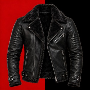 <b>Men's</b> Black <b>Shearling</b> Leather Moto <b>Jacket</b> Zip Up Biker <b>Jacket</b> Fur Collar Slim Fit Autumn Outerwear - Product Image 1