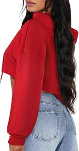Sudadera Roja Corta con Capucha, Manga Larga, Hombros Caídos, Tejida, Color Sólido, Informal, para Otoño, para Mujer - Product Image 3