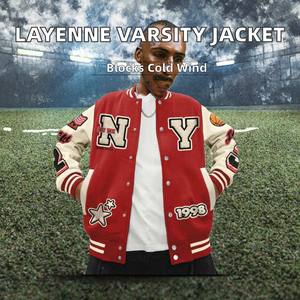 Chaqueta Varsity con Capucha Roja Bordada con Logotipo de NY y Estrellas, Parche 1998, Estilo Preppy Unisex, Cuello Alto, Corte Regular, Patrón de Letras - Product Image 4