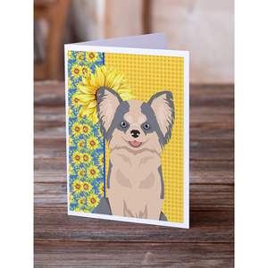 Summer Sunflowers Chihuahua Greeting Cards Pack 8 Whimsical A7 Size 5x7 Blank Note Cards <b>Envelopes</b> Longhaired Blue <b>White</b> Theme - Product Image 2