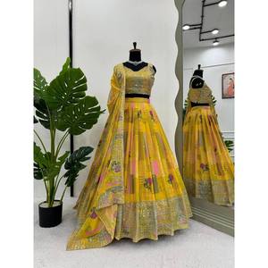 ÚLTIMA SECUENCIA DE BORDADO DE SECUENCIA CHINON TRABAJO LEHENGA CHOLI CON DUPATTA AMARILLO - Product Image 1