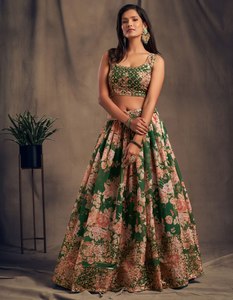 Conjunto de Lehenga Elegante de Organza Bordada con Flores Verdes para Mujer, Blusa sin Mangas y Falda, Vestido Tradicional para Bodas y Festivales - Product Image 2