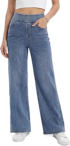 High <b>Waist</b> Wide Leg <b>Jean</b> Pants Women Cotton Stonewashed Loose Fit Full Length Casual Style With Pockets <b>Elastic</b> <b>Waist</b> - Product Image 2