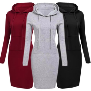 Women Solid Color Hooded Sweatshirt Dress Long Sleeve Knitted Spandex Cotton Breathable Autumn Wear with <b>Pockets</b> - Product Image 4