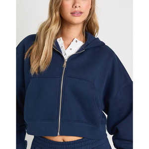 Sweat à capuche court en coton OEM pour femme, en molleton bouclette, avec logo imprimé en relief, nouvelle mode, épaules tombantes, uniforme scolaire, vêtements de sport - Product Image 2