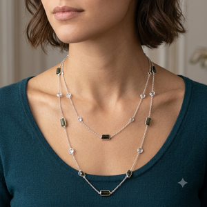 Natural Black Tourmaline White Topaz Gemstone Beaded Long <b>Chain</b> Necklace 925 Sterling <b>Silver</b> Handmade Bohemia Style Jewelry Gift - Product Image 6