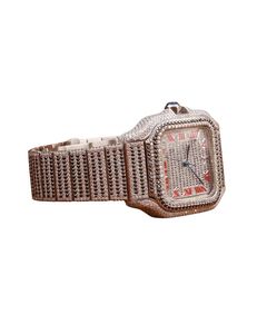 Montre-bracelet rectangulaire en diamant avec lunette ornée, cadran étincelant, chiffres romains rouges, couronne en pierres précieuses, artisanat élégant - Product Image 4