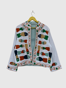 Veste en coton brodée à la main, col châle, manches longues, motif animalier, style Prairie Chic, pour le printemps, longueur standard adulte - Product Image 1