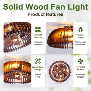 20-Inch Caged Ceiling Fan <b>Light</b> with Wood Flush Mount 7 Blades 4 E26 <b>Sockets</b> 6 Speeds Reversible DC Motor - Product Image 3