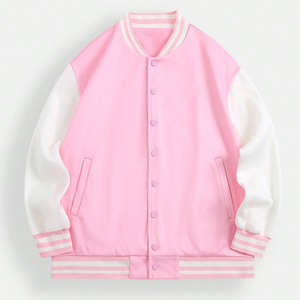 Newest Pink Varsity Jacket Full Sleeve Contrast Color Solid Design Turn-<b>down</b> Collar Regular Fit Spring Wear Women's Outerwear - Product Image 1