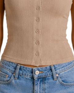 Débardeur côtelé beige pour femme, sans manches, boutonné devant, coupe courte, en coton extensible, ajusté, décontracté, tricoté, mode estivale, style camisole - Product Image 6