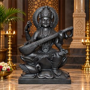 Estatua de Saraswati en Mármol Negro Puro |   Ídolo de la Diosa Saraswati en Mármol Negro |   Murti de Saraswati Mata para Templo por MALIYAS Jaipur - Product Image 1