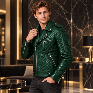 Chaqueta de moto de invierno para hombre, verde esmeralda, de cuero genuino repujado, transpirable, con bolsillos con cremallera, cuello alto, corte ajustado, estilo urbano, forro de seda - Product Image 1