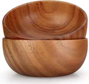 Set 2 Natural Solid Wood Salad Bowls Modern Design Eco-Friendly Lightweight Stackable Fruit Serving Basin for <b>Camping</b> Use - Product Image 1