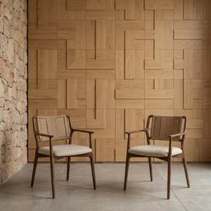 Nordic Teak Arm <b>Chair</b> with Woven Backrest Modern Upholstered <b>Dining</b> <b>Chair</b> for Luxury Contemporary Interior - Product Image 3