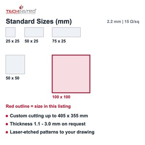 Lámina de Vidrio Recubierta con FTO de 100x100 mm, 2.2 mm, 15 Ohm/sq, Vidrio TCO de Alta Transmitancia para Celdas Solares y Ventanas Inteligentes - Product Image 4