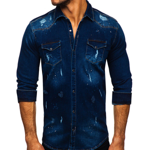 Camisa de Mezclilla Azul Oscuro para Hombre de Alta Calidad, Manga Larga, Desgastada, con Cuello Camisero, Corte Ajustado, Casual, con Botones y Bolsillo Delantero - Product Image 3