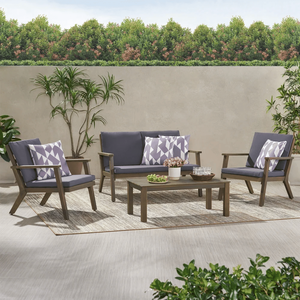 Set da Giardino Temecula in Legno di Acacia per 4 Persone con Divanetto, Tavolino e 2 Poltrone Club con Finitura Grigia e Cuscini Grigio Scuro - Product Image 1