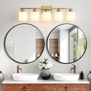 Lampada da Bagno Moderna a 5 Luci in Oro con Paralumi in Vetro Satinato Bianco Latte E26 - per Bagni - Product Image 3