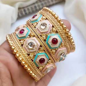 Royal Rajwari Luxury Bridal Wedding <b>Bangles</b> <b>Set</b> Traditional Kundan Meena Kari Trendy Peace Design Crystal Rhinestone Party Wear - Product Image 3