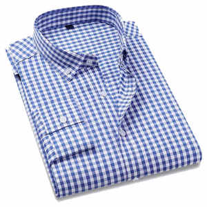 Men's Blue Plaid Long Sleeve <b>Dress</b> Shirt Turn-down Collar Full Sleeve 100% Cotton Smart Casual Woven Fabric Anti-Wrinkle - Product Image 2