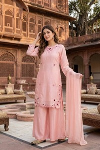 Conjunto de Kurta y Palazzo Rosa Bordado para Mujer con Dupatta, Ropa Étnica de Diseñador, Traje de Fiesta, Salwar Indio, Atuendo Tradicional - Product Image 6