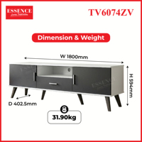 Meuble TV moderne 180 cm blanc et gris foncé en panneaux de particules MDF TV6074, 2 portes, 1 tiroir, glissières métalliques, rangement pour téléviseurs 65+ pouces, mobilier de maison