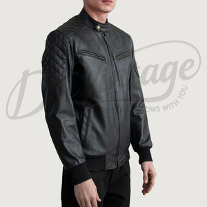 Veste bomber en cuir noir pour homme, coupe ajustée, avec détails matelassés aux épaules, en cuir d'agneau de qualité supérieure - Product Image 4