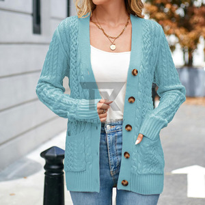 Cardigan en tricot bleu personnalisé avec logo blanc imprimé, manches longues, col rond, pull décontracté pour femme - Product Image 3