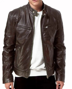 Veste moto en cuir véritable marron pour homme, col montant, fermeture éclair, coupe ajustée, longueur normale, couleur unie, doublure en coton - Product Image 5