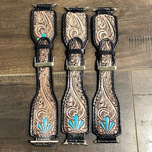 Trendy Vintage Tooled & Painted Leather Beautiful Turquoise Flare Watch Band Accesorios de regalo Reloj inteligente de cuero genuino - Product Image 4