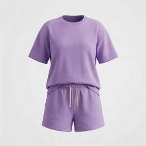 Ensemble décontracté en tricot pour femmes, 2 pièces, t-shirt à manches courtes et short au-dessus du genou, coupe ample, vêtements de printemps et d'été - Product Image 1
