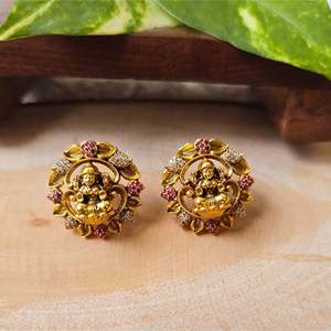 Antique Lakshmi Stud Earrings-Gold Plated Stainless Steel & Brass with Asscher Cut Diamond Opal Pearl & Zircon - Product Image 1