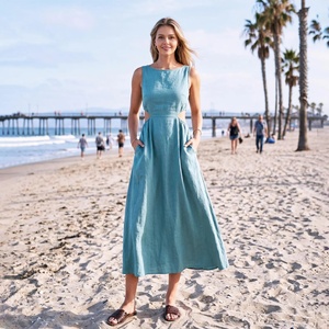 Open <b>Back</b> Linen Dress with Pockets Cut Out Summer Sundress <b>Tie</b> <b>Back</b> Beach Vacation Dress for Women - Product Image 1