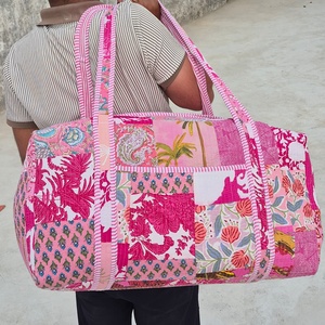 Handmade Floral Print Duffel <b>Bag</b> Blue Pink Cotton Quilted Weekender Travel <b>Bag</b> Large Capacity Zipper Closure - Product Image 5