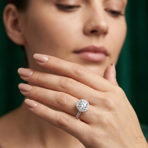 Anillo de Compromiso de Oro Blanco de 9K, 10K, 14K y 18K con Corte Brillante Redondo y Halo, Anillo de Boda con Micro Pavé de Diamantes para Mujer, Certificado IGI - Product Image 6