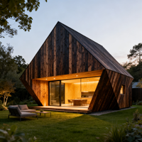 Cabine de sauna extérieure géométrique moderne, sauna en bois brûlé pour 4 à 6 personnes avec verre du sol au plafond et éclairage LED